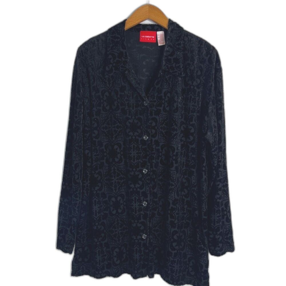Liz Claiborne Black Velvet Long Sleeve‎ Button Front Dressy Tunic Blouse Size LG